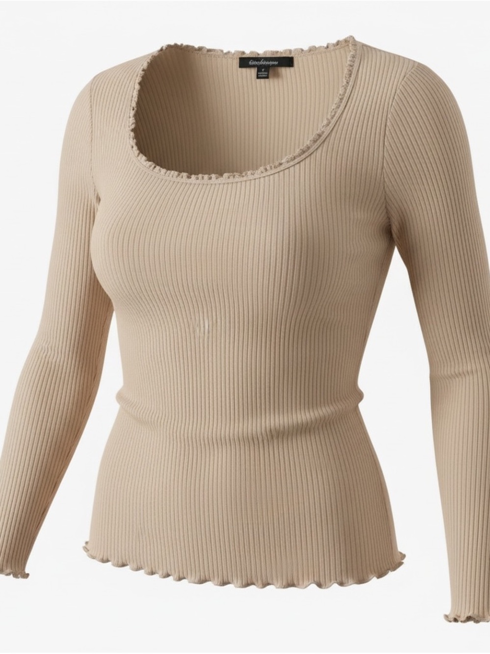 Ambiance Ribbed Scoop Neck Long Sleeve Top in Beige